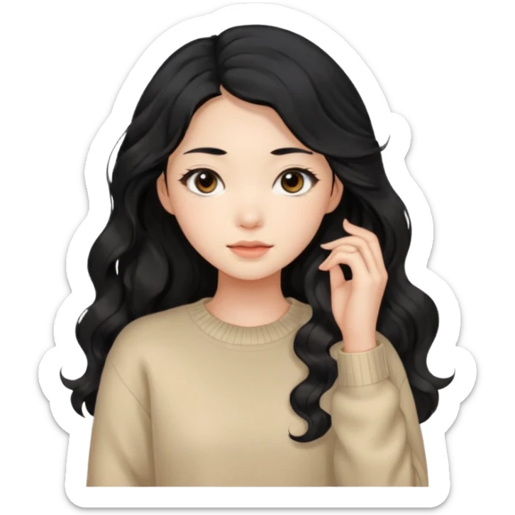 Beautiful girl,Black hair, wavy long hair,Black eyes,Chinese, beige sweater  sticker