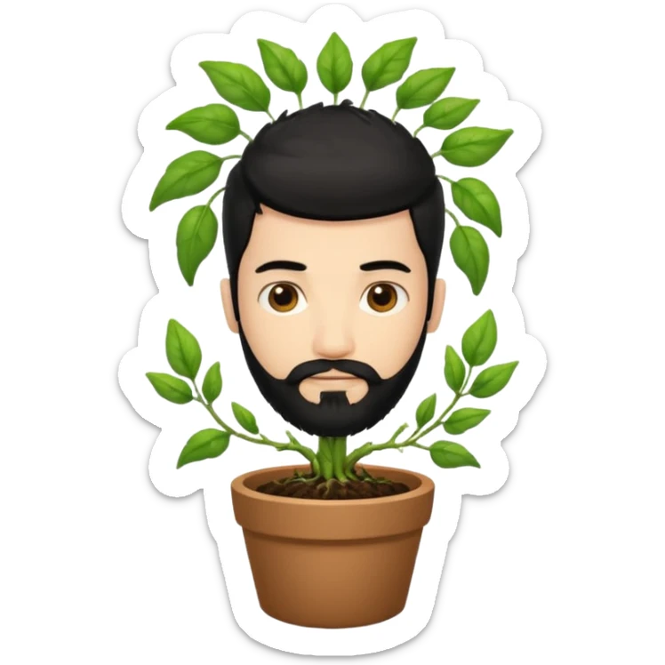 un cabello negro de hombre con barba saliendo de cuero cabelludo, como si fuera una planta en una maceta sticker