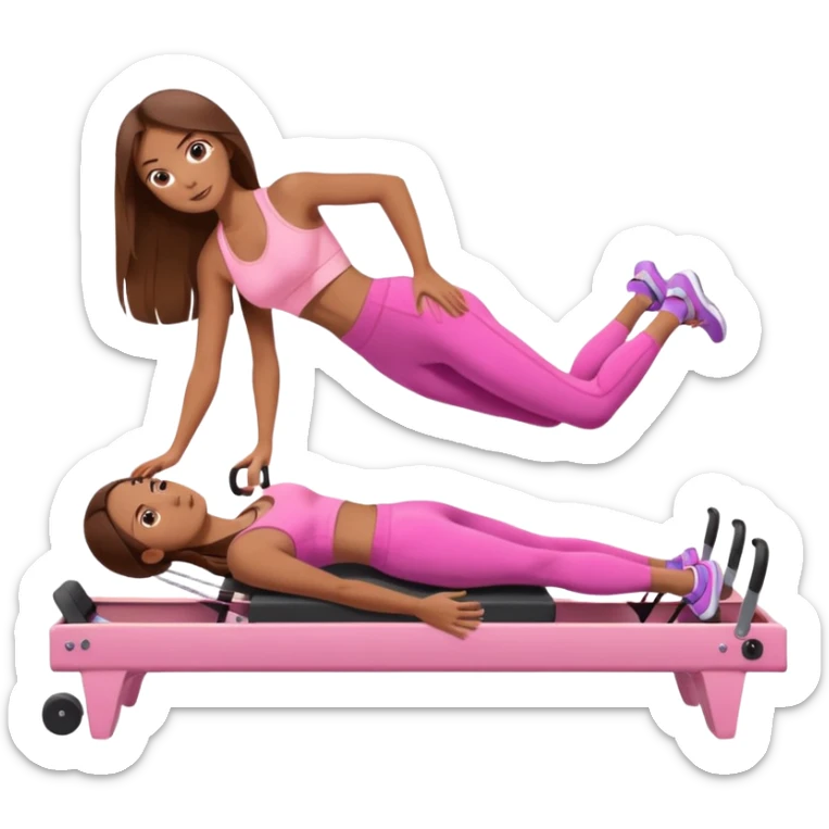 girl doing a plank on a pilates reformer in a pink workout set with long brown hair sticker