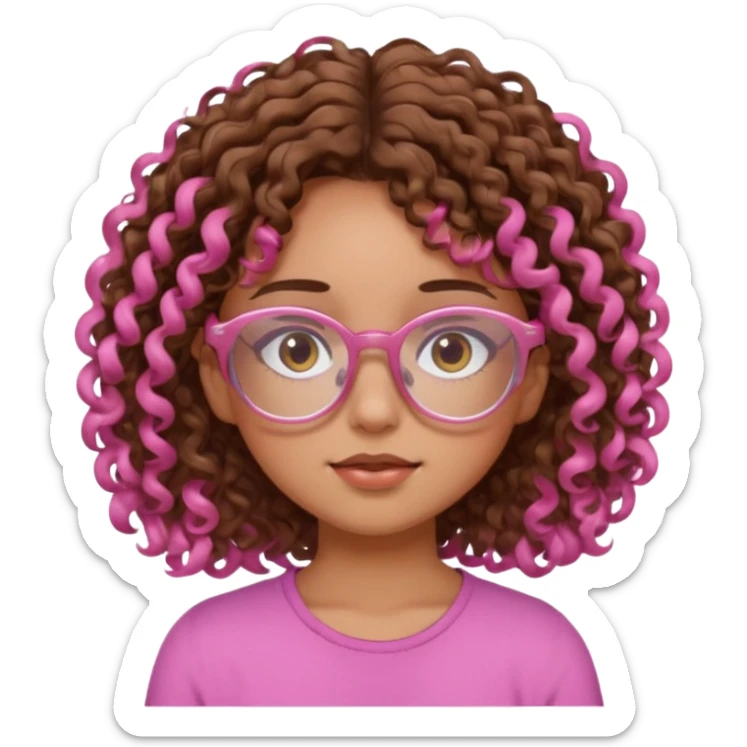 Curly brown haired girl with brown eyes, transparent-pink glasses frames, sleepy, slightly tan skin sticker