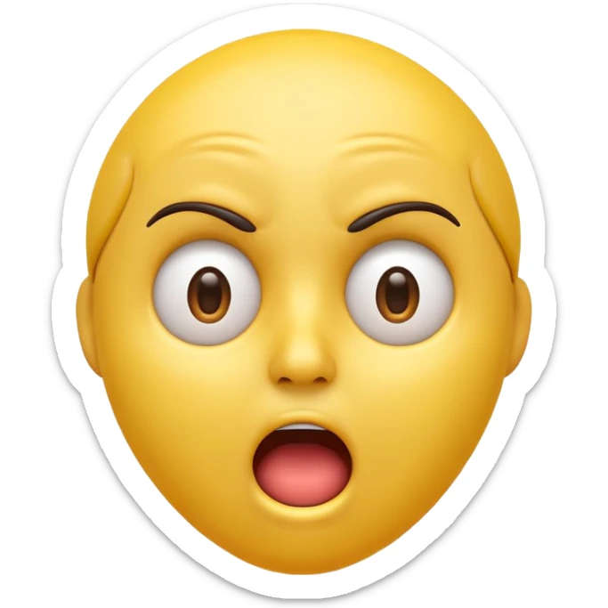 A 3D glossy yellow emoji of a shocked horrified face, with mouth and eyes are wide open, eyebrows  raised, and hands against their face, black background, high quality, soft studio lighting sticker