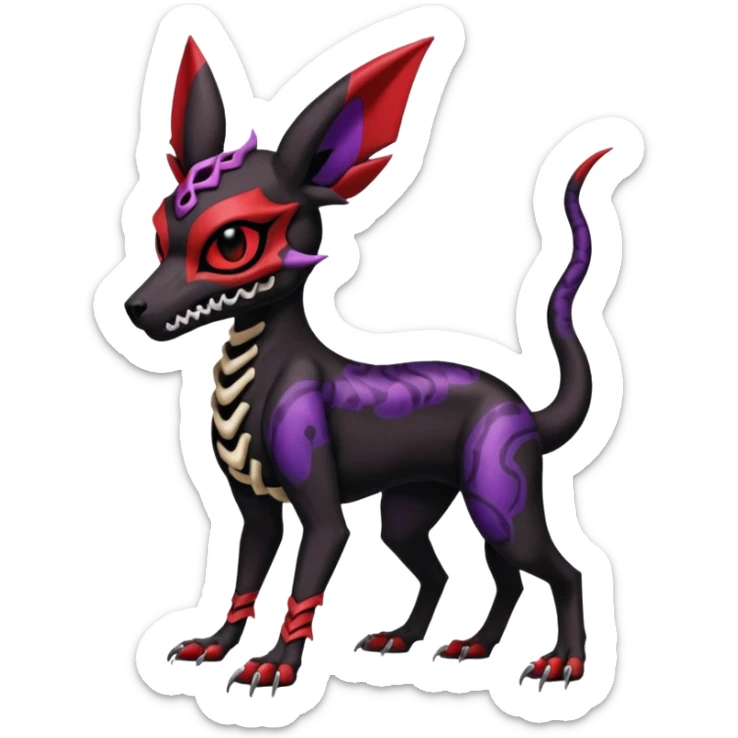 Gothic Black red purple Scaley Exotic Salandit-Umbreon-Houndoom-Fakémon-hybrid-creature (full body), 4 legs, skull face mask sticker