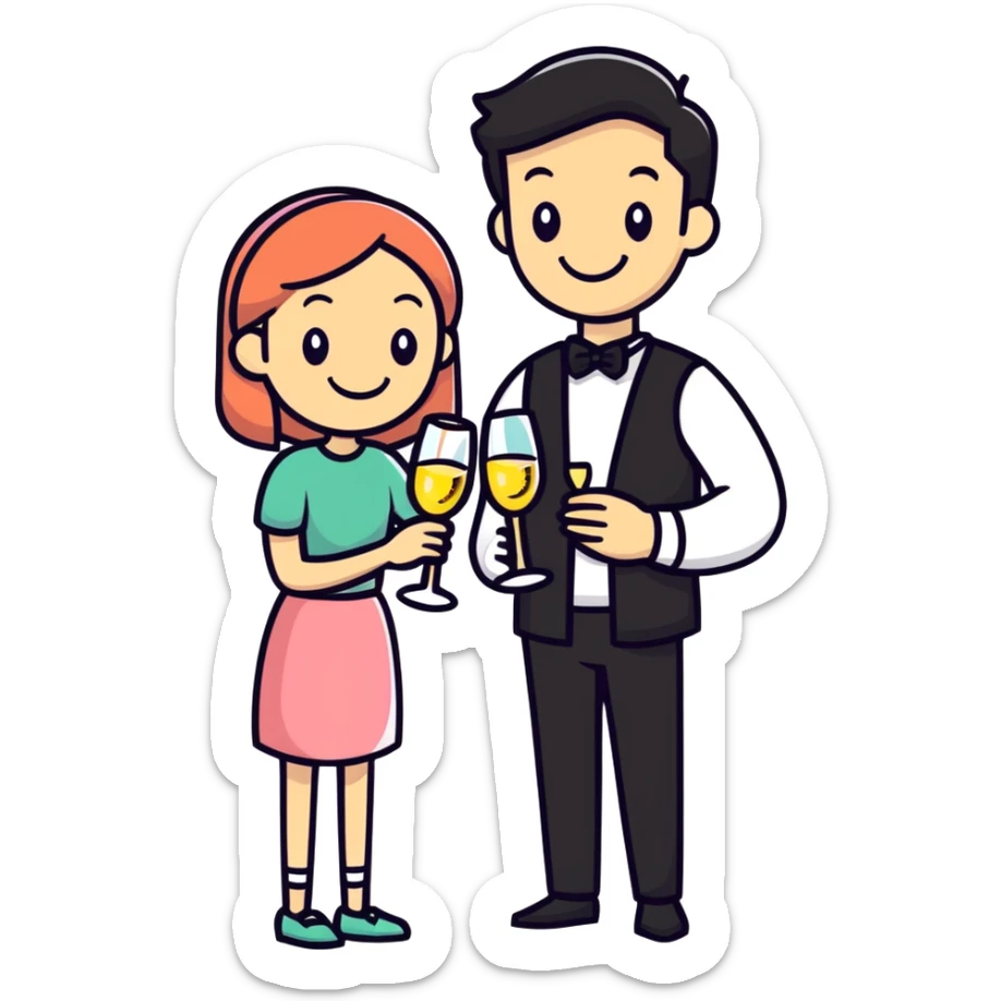man and girl with sparkling wine glasses, festive mood, cartoon sticker style sticker