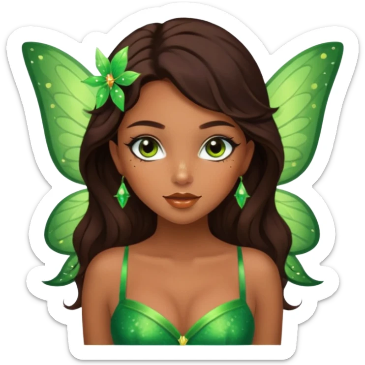 Pretty girl with caramel skin. Dark brown hair and brown eyes. She has freckles. Wearing sexy makeup. Wearing a green fairy costume and heels sticker