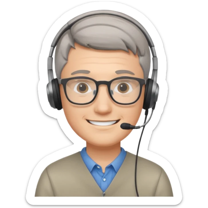 smiling young white man, focused, short gray hair, glasses, small headphones, data analyst sticker