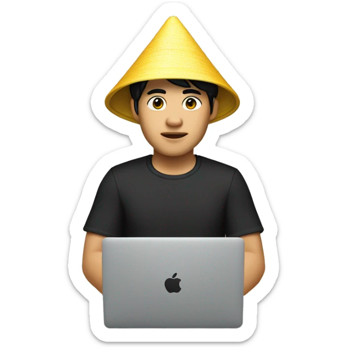 A memoji-style Vietnam man with yellow skin sitting at a desk. He has black hair and is wearing a traditional Vietnamese conical hat and a black shirt. In front of him is a laptop like macbook with a logo styled as '</>' on the back sticker