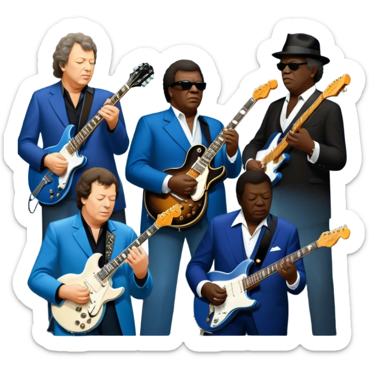 Icon for Blues Music: close-up collage of legendary blues artists. Gary Moore, Eric Clapton, B.B. King and Joe Cocker. Represented by silhouettes or symbolic items like guitars, microphones, or music notes, reflecting the soulful energy of blues music. Transparent background. sticker