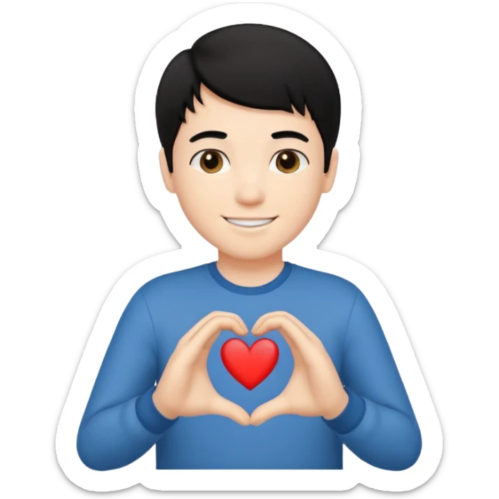 White boy with black hair holding up hands in the shape of a heart sticker