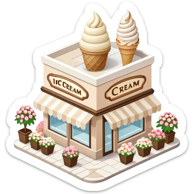 isometric exterior view of a beige and white ice cream shop adorned with abundant florals sticker