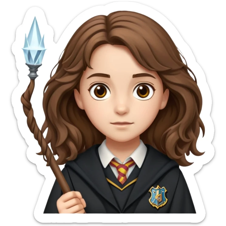 Hermione Granger with bushy brown hair, wand, and Hogwarts uniform sticker