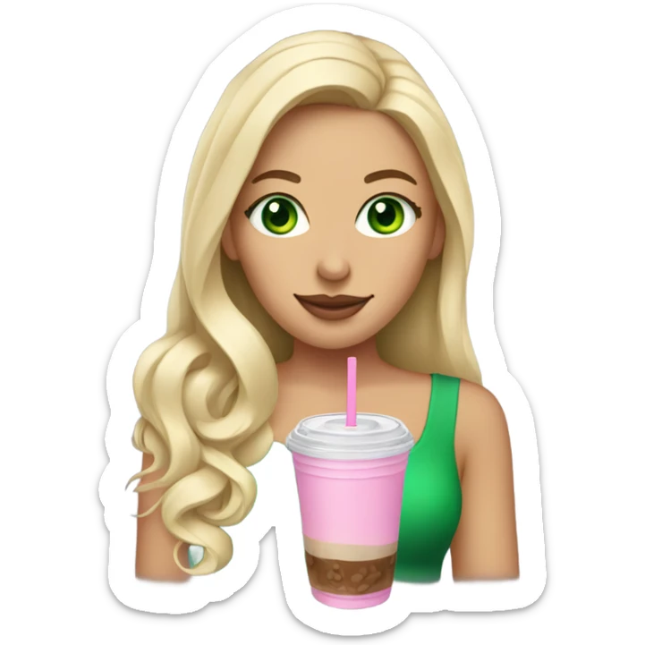 woman with green eyes, long curled blonde hair with a pink bow holding an iced coffee sticker