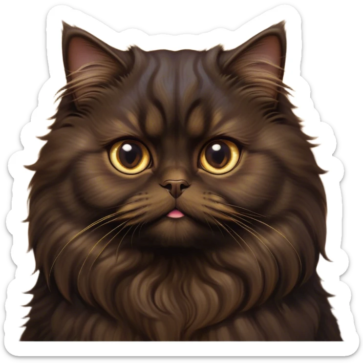 Cinematic Adorable Big-Eyed Fluffy Dark Brown Persian Cat Portrait Emoji, Head tilted playfully with a sweet expression, fluffy dark brown fur with rich caramel and gold undertones, Simplified yet irresistibly cute features with large, expressive eyes, highly detailed, glowing with a warm and gentle glow, high shine, a mix of affectionate and curious, stylized with a touch of whimsy, bright and full of charm, soft glowing outline, capturing the essence of a fluffy, loving kitty with oversized eyes, so endearing it feels like it could leap out of the screen and cuddle with you instantly! sticker