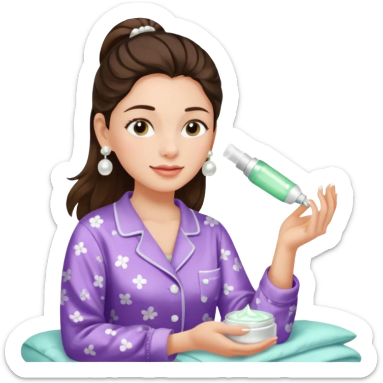 Clean girl aesthetic emoticons, apply skincare products, pearl earrings, glowing skin, pajamas, soft lighting sticker