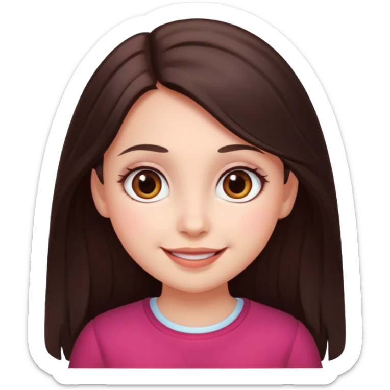 An emoji featuring a girl with dark brown long hair, brown big eyes, light pinkish skin, red cheeks,  sticker