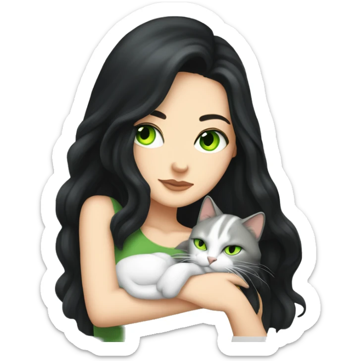 A pretty white girl with very long black hair and green eyes sleeping curled up to a cat  sticker