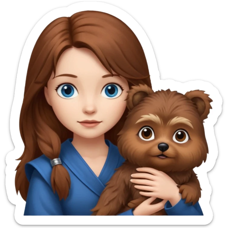 long hair chestnut color blue eyes woman holding small ewok dog sticker
