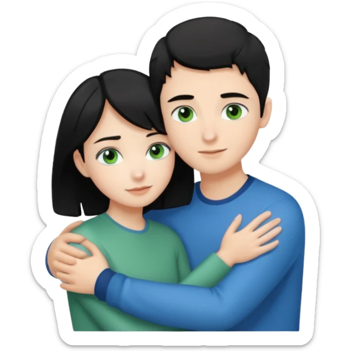 Make a couple hugging the girl is white with black hair with blue eyes hugging a boy with lightbrwn short hair with green eyes  sticker