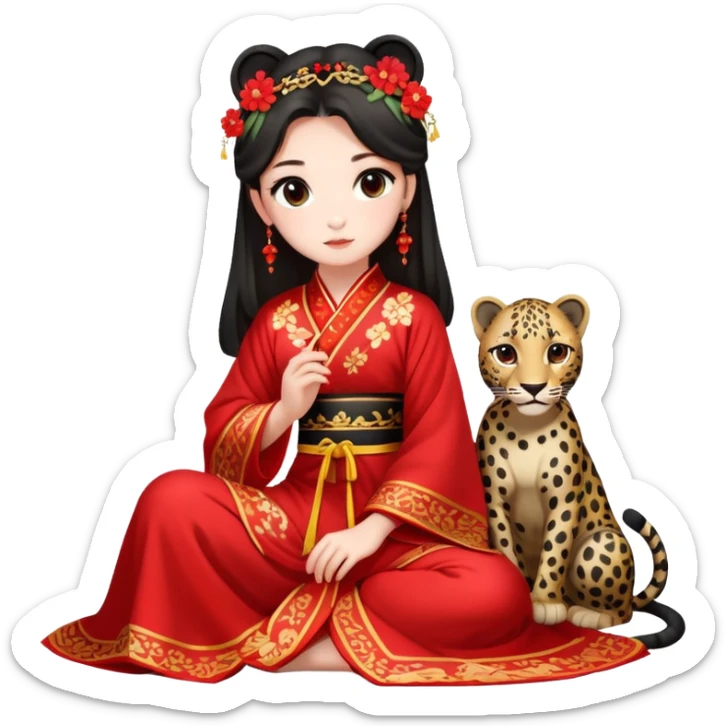 A beautiful girl in red Hanfu wedding dress sits on the ground holding a black leopard sticker