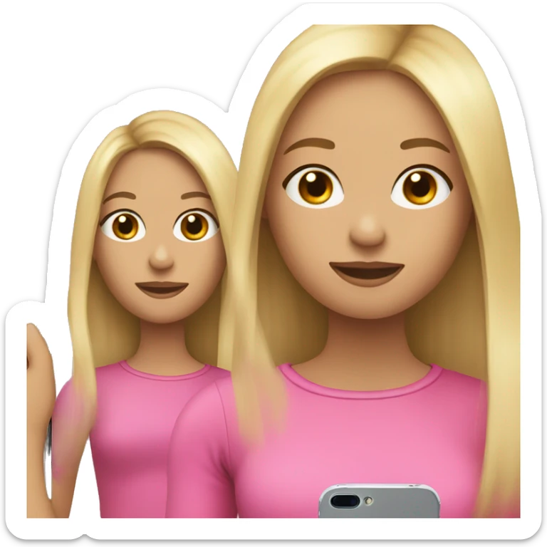 Girl with brown hair a blonde strand in front, wearing pink with an iPhone 15 in her hand sticker