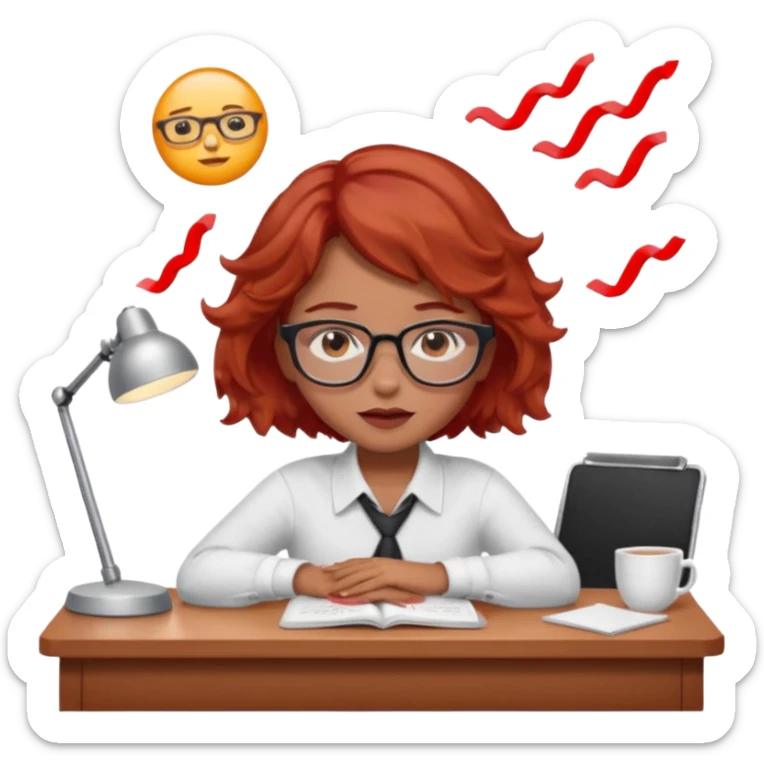 Pretty model, brown eyes, soft red short wavy hair, falling asleep at desk, wearing glasses sticker