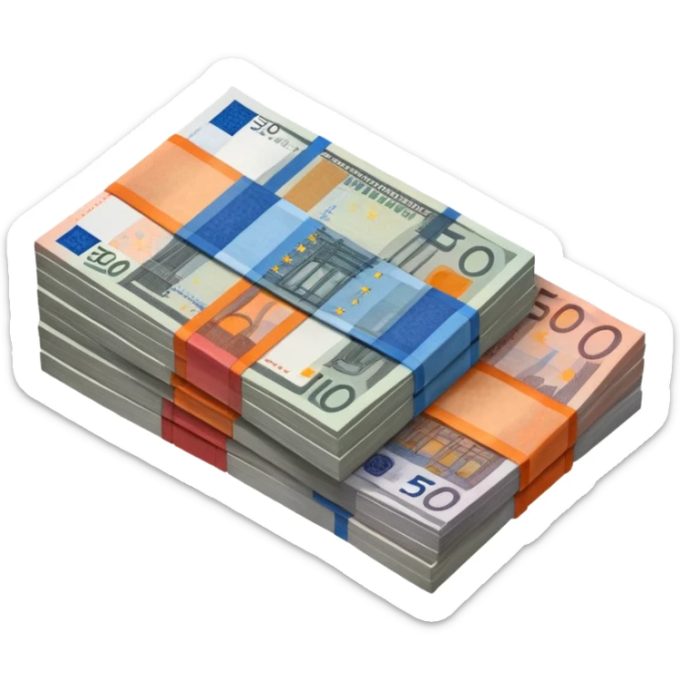 neatly stacked banknotes in 5 euro (grey), 10 euro, (red), 20 euro (blue), and 50 euro (orange) spread out so you can see each individual note. crisp paper texture, vibrant distinct colours sticker