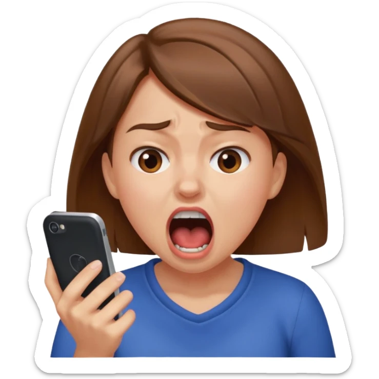 upset girl screaming at her phone, mouth wide open, frustration visible sticker
