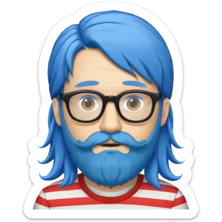 man with long blue hair, glasses, and a long beard and wearing a striped t-shirt sticker