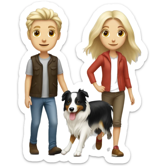 Blond white couple (long hair girl) walking tricolor border collie sticker