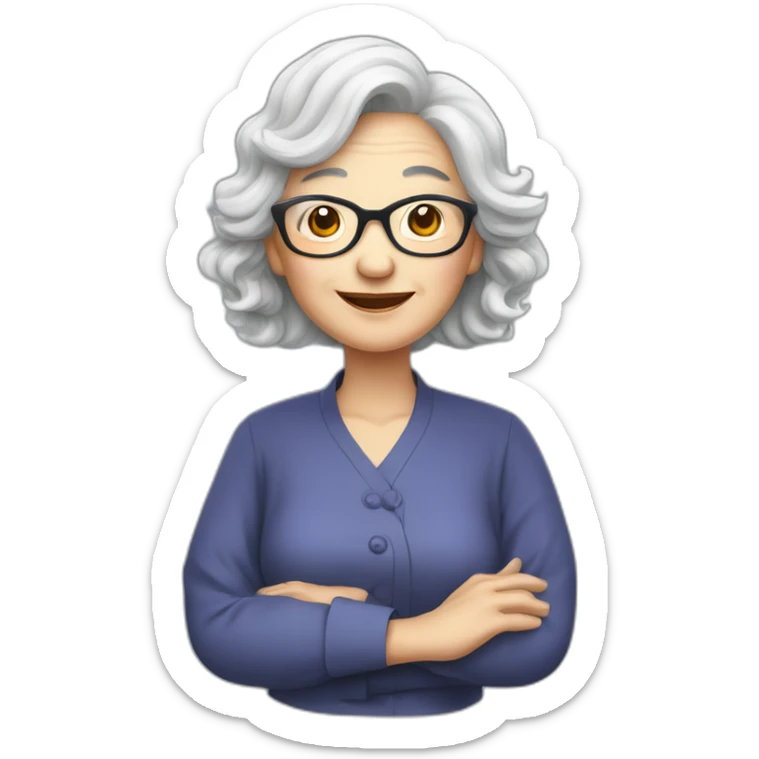 Chinese senior lady wear glasses has wavy long hair show love sign sticker