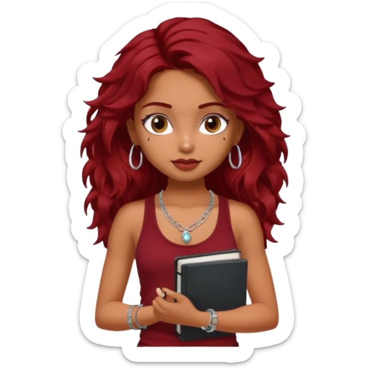 a pretty tan indian bratz girl with messy dark wavyred hair, wearing a dark red tank top, layered silver necklaces. Carrying multiple sketchbooks sticker