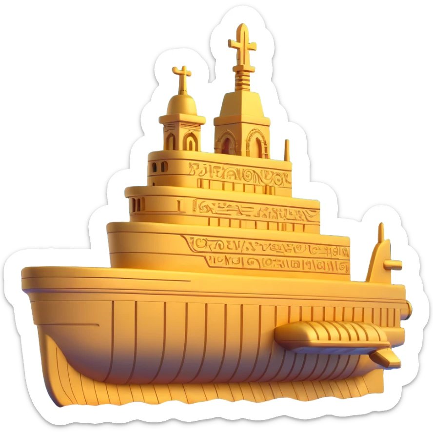underwater ancient Anunnaki golden submarine, ziggurat-shaped towers on hull, cuneiform, ornate carvings sticker
