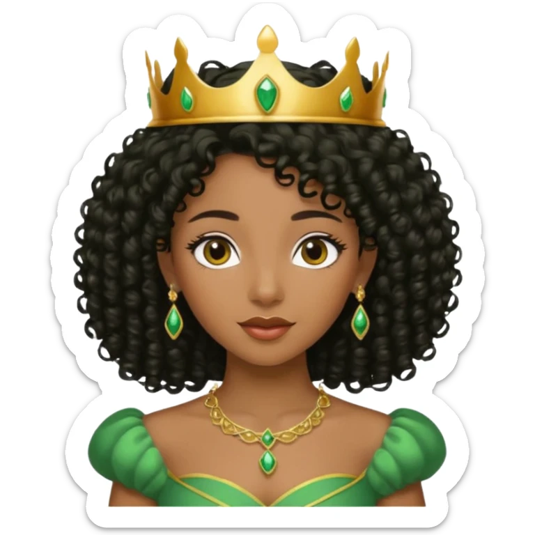 balck princess with black curly hair and a golden tiara. Green dress sticker