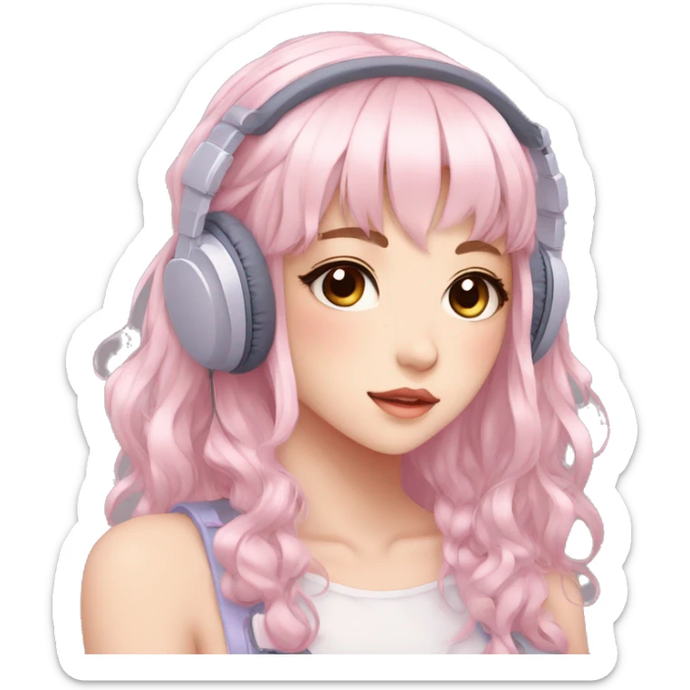 Gorgeous pastel anime girl with blushing face and hair garnitures and pretty hair and headphones aesthetic trending style sticker