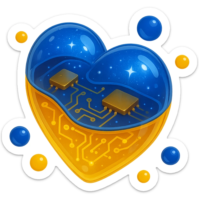 heart with yellow base, sparkly royal blue topping, yellow and royal blue bubbles around sticker