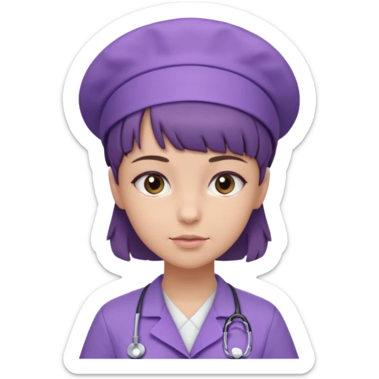 A young female slim nurse with short Brown hair with fringe over her forehead, wearing larvendar purple working cloth only no cap on her hair sticker
