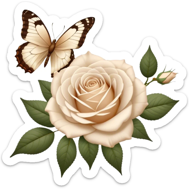 A bouquet of white Ascott tea roses next to a beige aesthetic vintage style leaf and a brown beautiful butterfly sticker