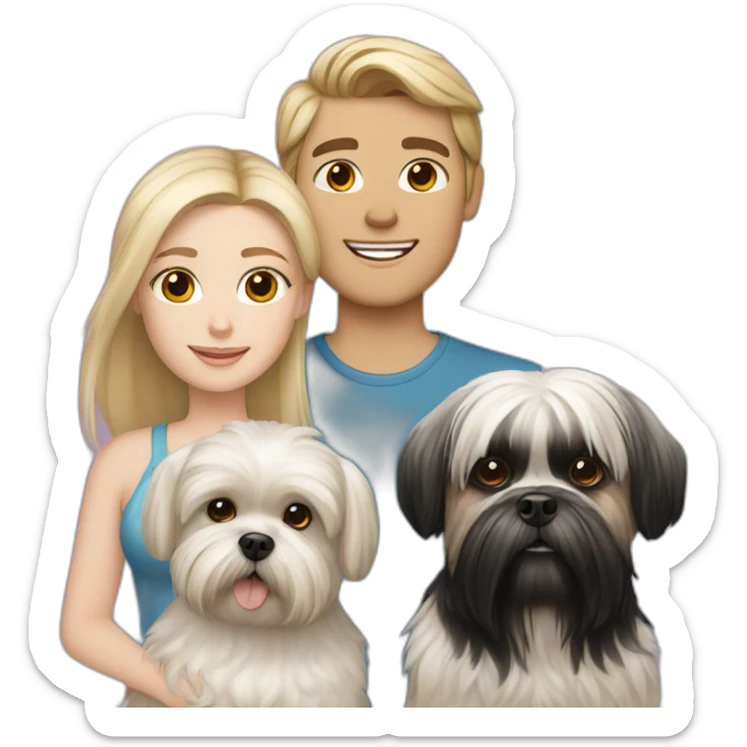 a blond white girl with a white black haired boy and a shih tzu dog sticker