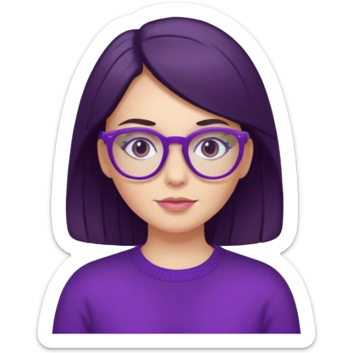 white girl with dark hair wearing purple sweater and purple glasses, portrait sticker