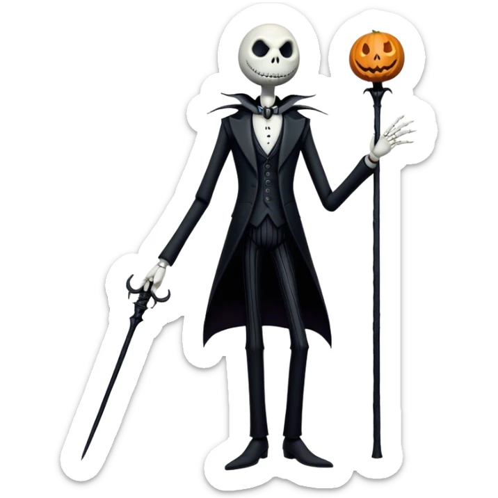 Full body view Cinematic 3D ultra realistic 32K HD image of Jack skellington, stunning detail as though captured in a timeless photograph, rich textures, visually rich, so lifelike that it feels like it could leap off the page at any moment sticker