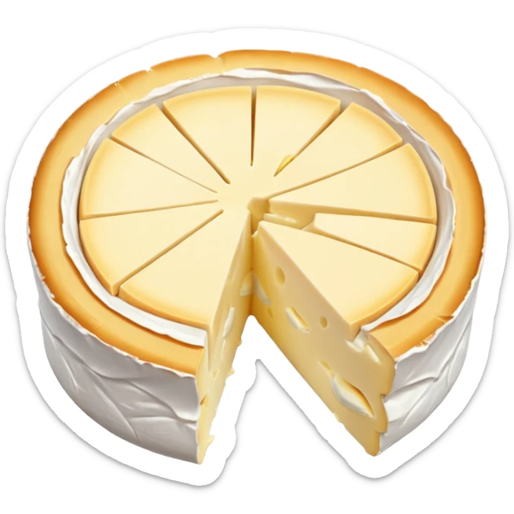 small wheel of camembert cheese, white bloomy rind, creamy pale yellow inside, one slice cut out revealing soft slightly oozing center, smooth rich texture, subtle wrinkled rind, no box or extras, soft lighting, subtle shadows, emoji scale sticker