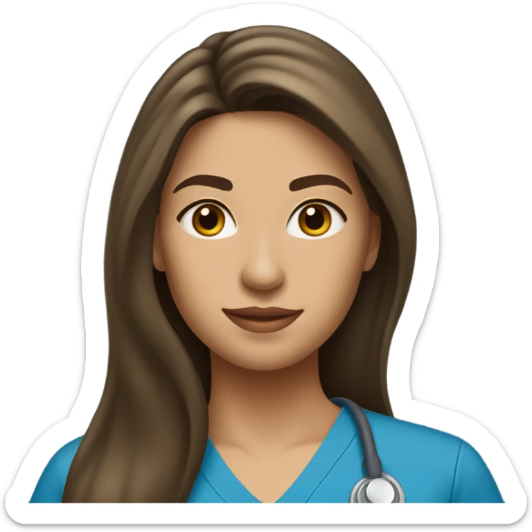 Nurse, woman, long brunette hair, no hat, blue scrubs sticker