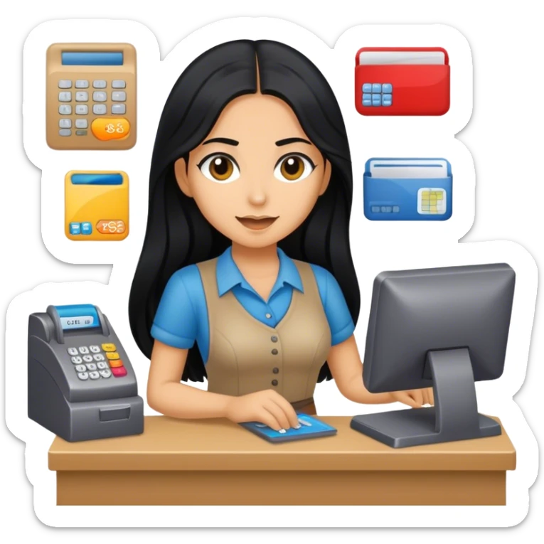 perempuan dengan rambut hitam panjang sedang bekerja sebagai kasir  sticker