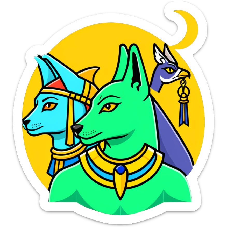 Egyptian gods Osiris with green skin and Atef crown, Khonsu with falcon head and moon symbol, and Anubis with jackal head standing together sticker