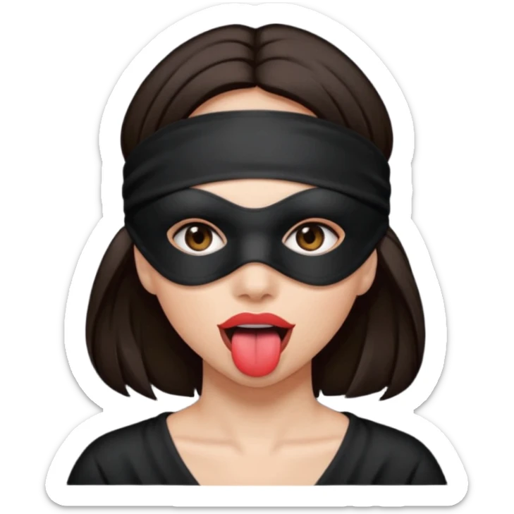 woman with dark brown hair wearing black blind fold completely covering her eyes. tongue out sticker