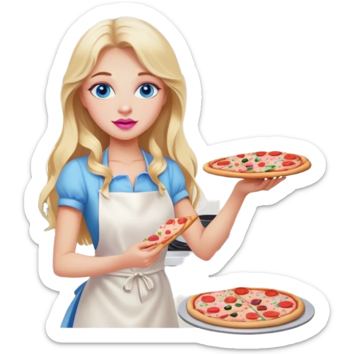 Cinematic realistic beautiful blonde with long hair, blue eyes and pink lips in a white dress cooks pizza sticker