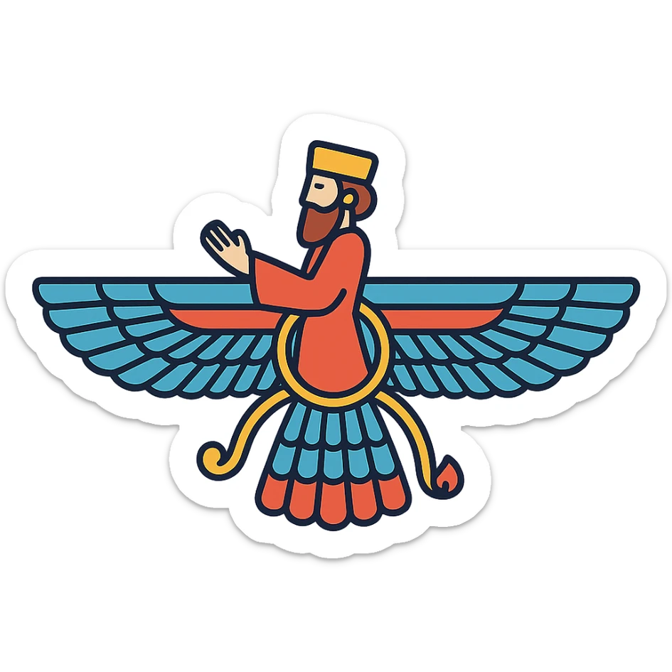 Faravahar symbol, color outline icon, elegant and detailed, black outlines with subtle color accents, no text sticker