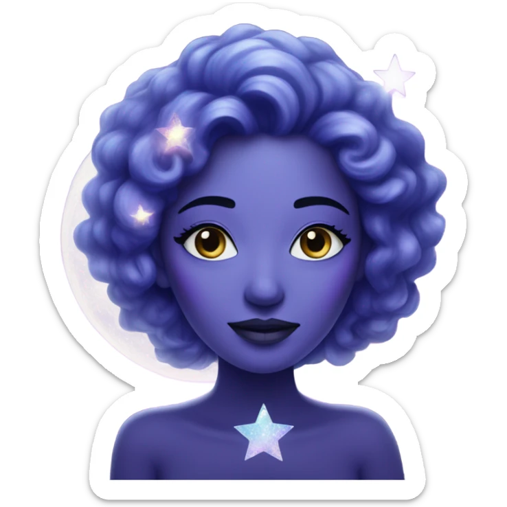 mystical woman with white skin with sparkling galaxy hair with moon and stars in purple and blue shades sticker