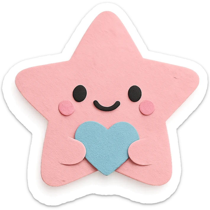 adorable pastel pink star holding a tiny pastel heart, no arms or legs, full body, transparent background, kawaii paper craft style sticker