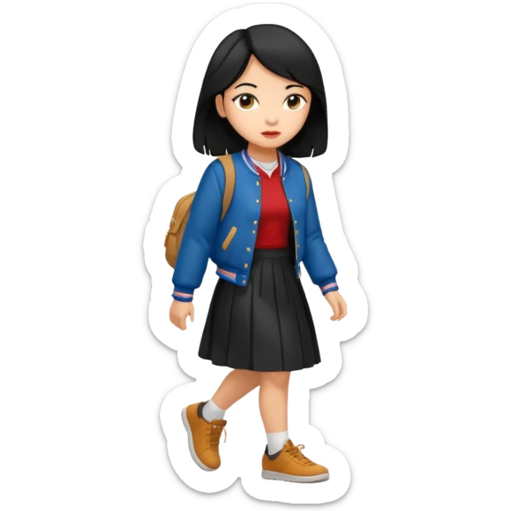 black color long hair girl with varsity jacket and long skirt walking  sticker