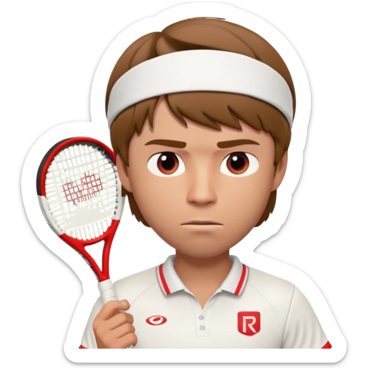 A 3D cartoon-style illustration of a male tennis player resembling Andrey Rublev. He is wearing a white tennis shirt with a small logo, a white wristband, and holding a red and white tennis racket. His expression is serious and focused. He has short brown hair and a headband with a small red logo. The style is similar to an Apple emoji or Memoji character – clean, high-quality, slightly exaggerated facial features, and polished rendering. White background.
 sticker